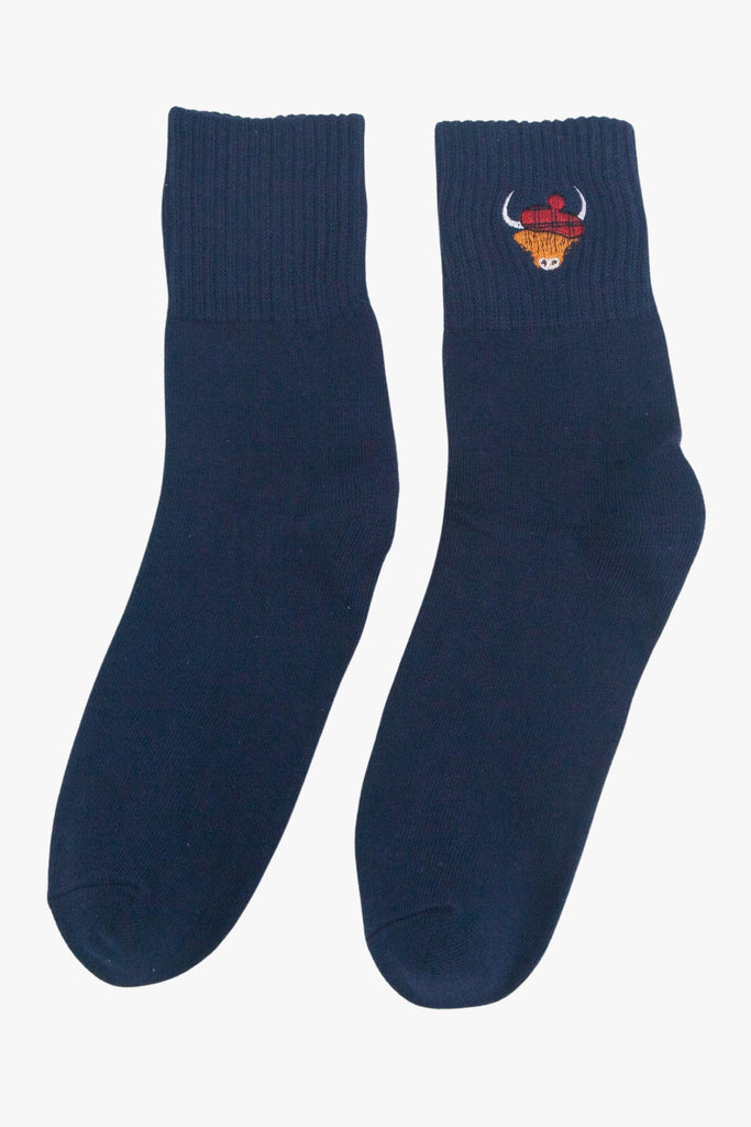 womens-highland-cow-tartan-embroidered-cotton-ankle-socks-4-pack-navy
