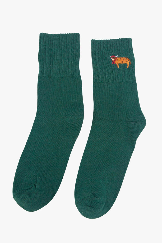 womens-christmas-highland-cow-embroidered-cotton-ankle-socks-5-pack-teal