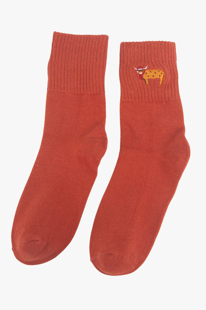 womens-christmas-highland-cow-embroidered-cotton-ankle-socks-5-pack-orange