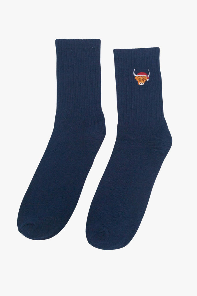 mens-highland-cow-santa-embroidered-cotton-socks-5-pack-navy