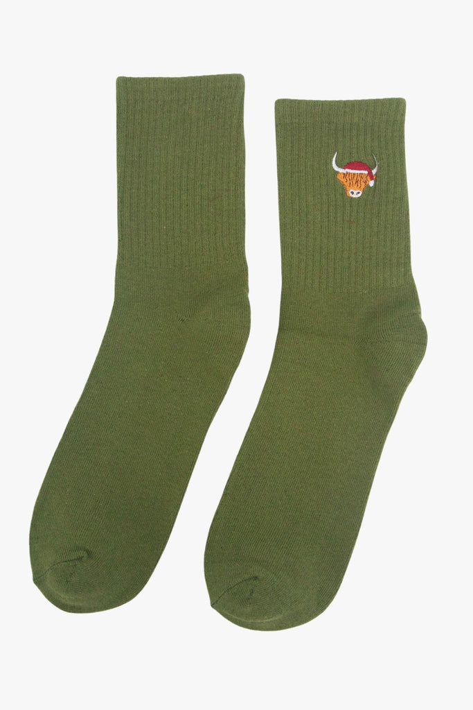 mens-highland-cow-santa-embroidered-cotton-socks-5-pack-green