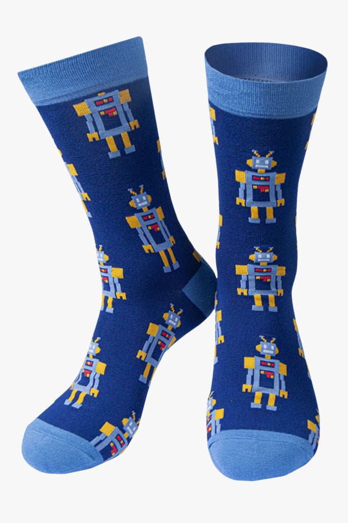 blue robot pattern bamboo socks 