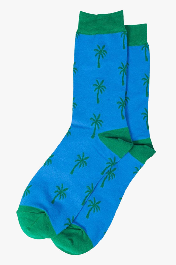 blue dress socks with a green palm tree print