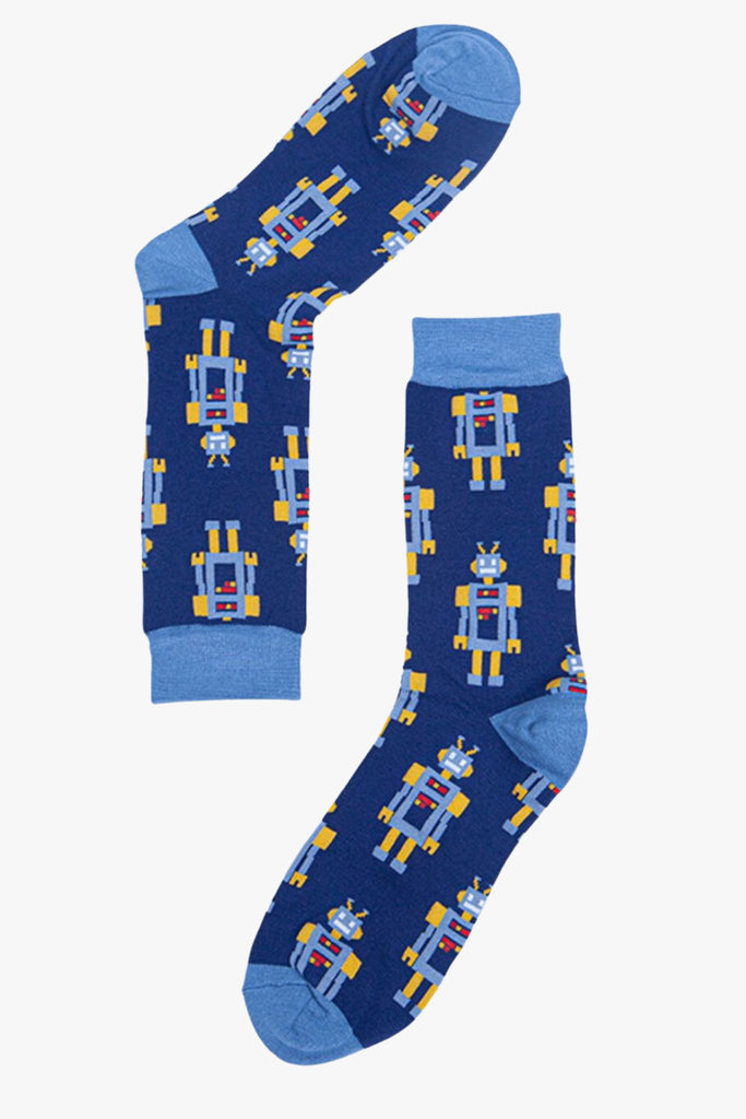 bamboo dress socks with a robot pattern