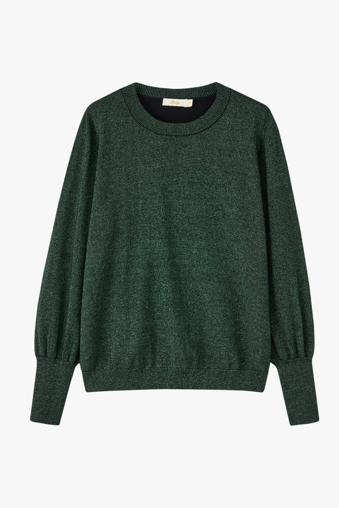 green sparkly knitted round neck jumper laying flat