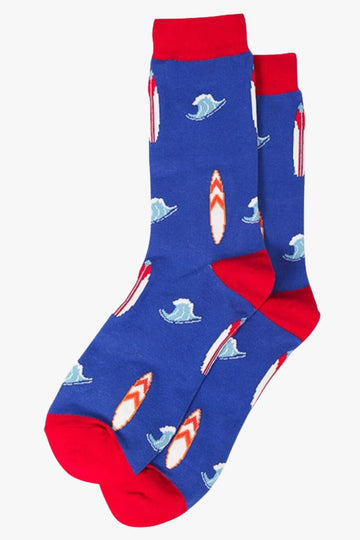 blue and red dress socks with a pattern of surf boards and waves