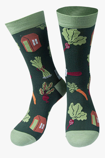 green dress socks with garden sheds, carrots, leeks and gardening tools