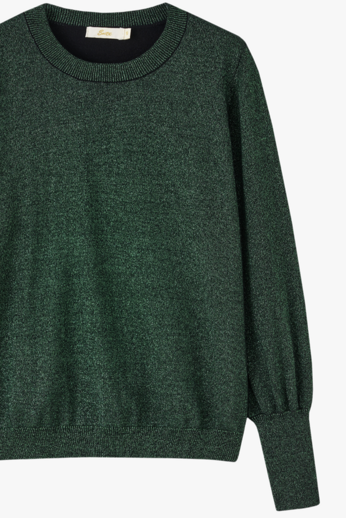 close up of the round neck and ribbed cuffs on the green sparkly jumper