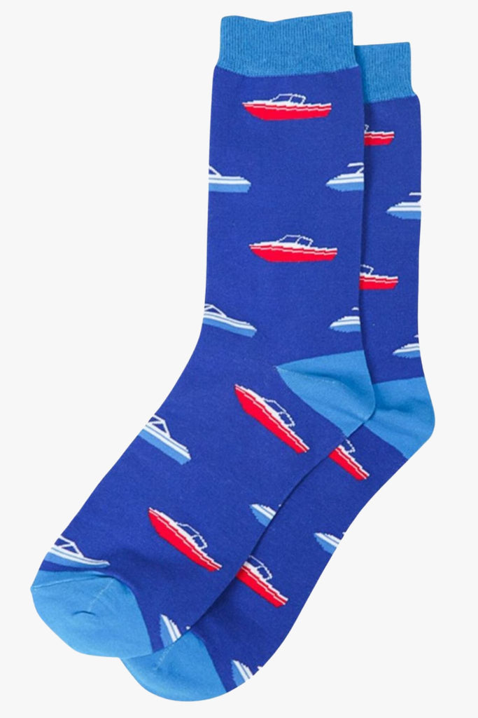 blue bamboo socks with red and blue speedboats