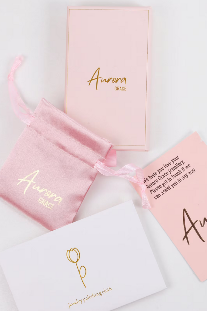 aurora grace jewellery gift box, pouch and polishing cloth