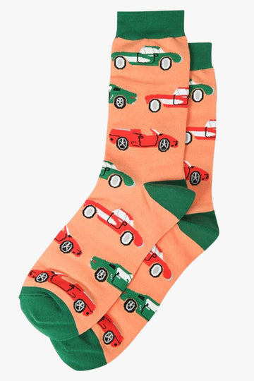 orange and green dress socks with red and green sports cars