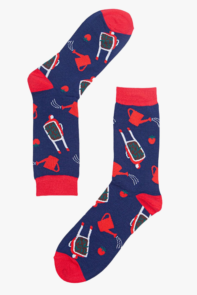 navy blue and red dress socks with wheelbarrows and watering cans on them