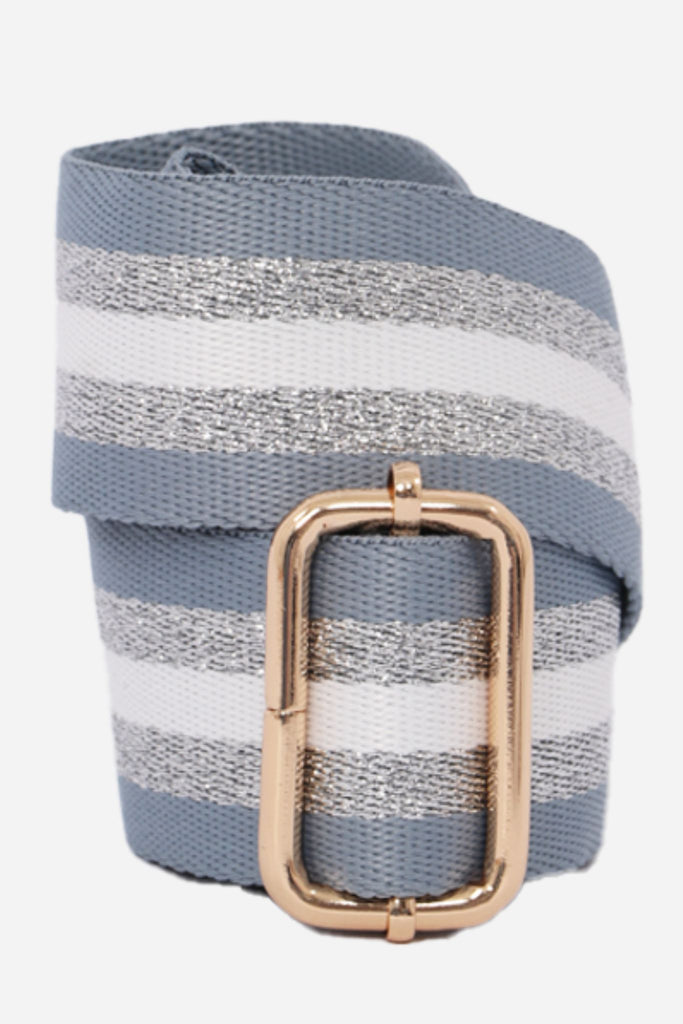 light blue and silver glitter striped bag strap with gold hardware