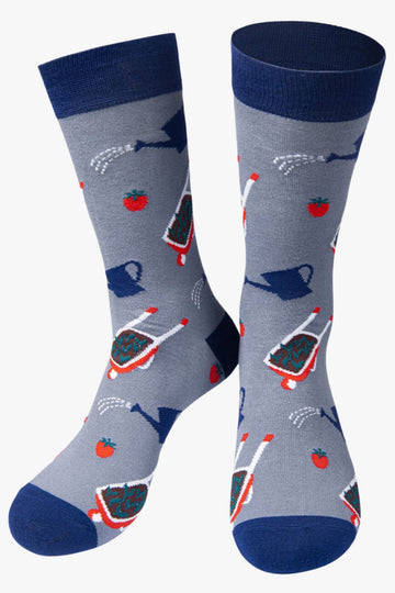 grey, navy blue bamboo socks featuring wheelbarrows, watering cans and tomatos