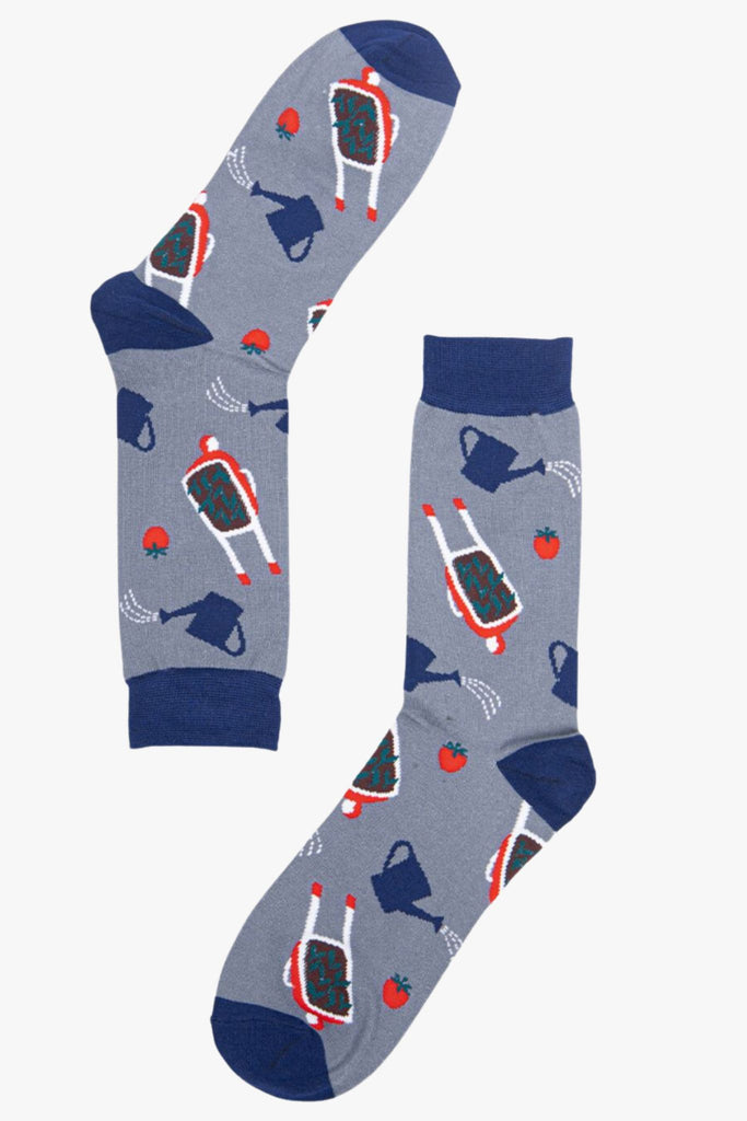 grey, blue dress socks with wheelbarrows and watering cans