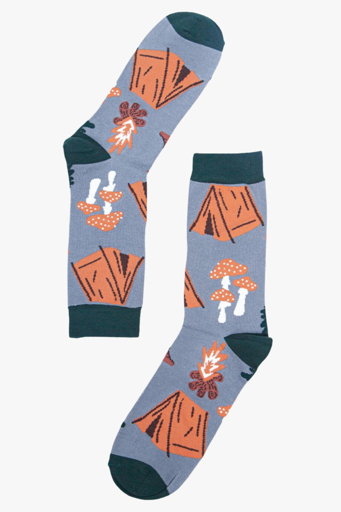 grey, green bamboo dress socks featuring tents, campfires, toadstools and trees