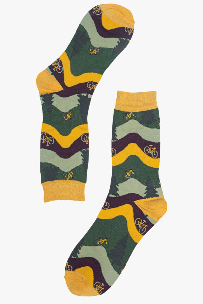 men's dress socks featuring bicycles and trees