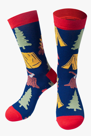 blue, red men's dress socks featuring tents, trees and campfires