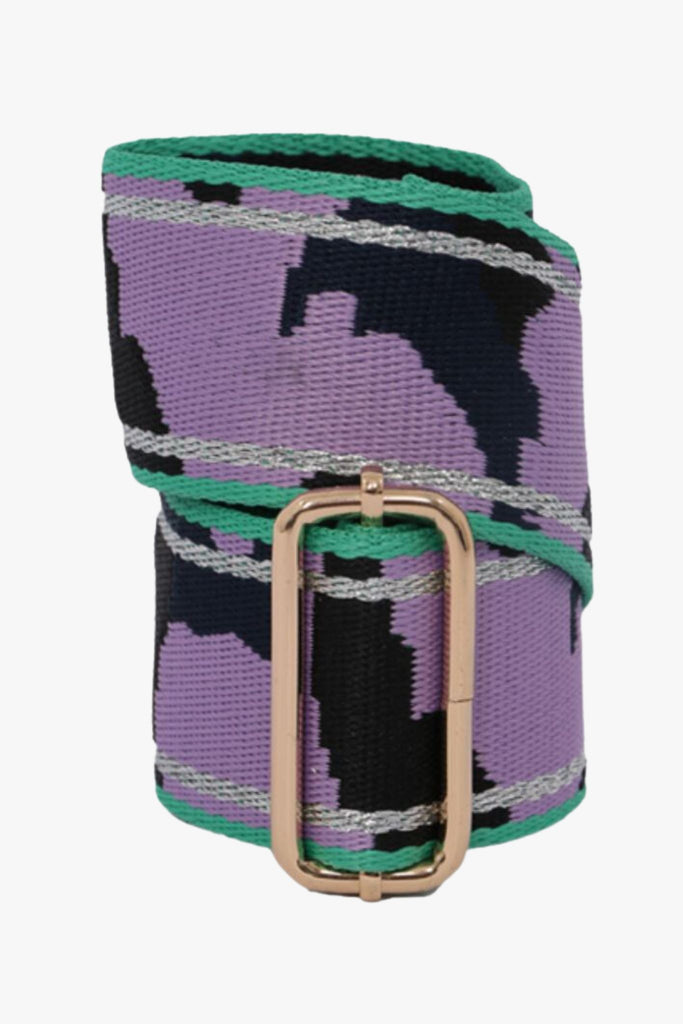 purple and navy blue camo print crossbody bag strap with teal edges and gold hardware