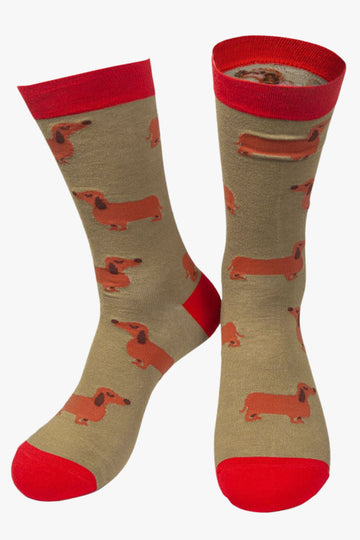 mustard red bamboo socks with an all over sausage dog pattern