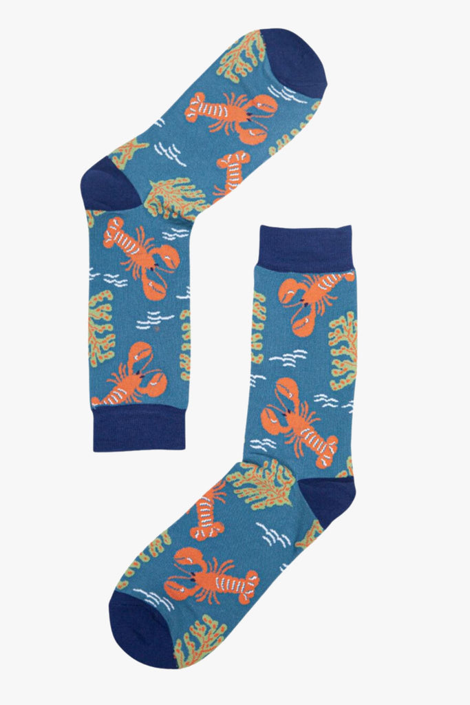 blue bamboo socks with lobsters and seaweed