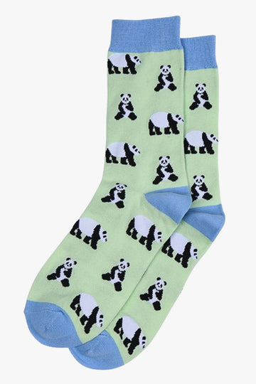 green, blue bamoo socks with pandas on them
