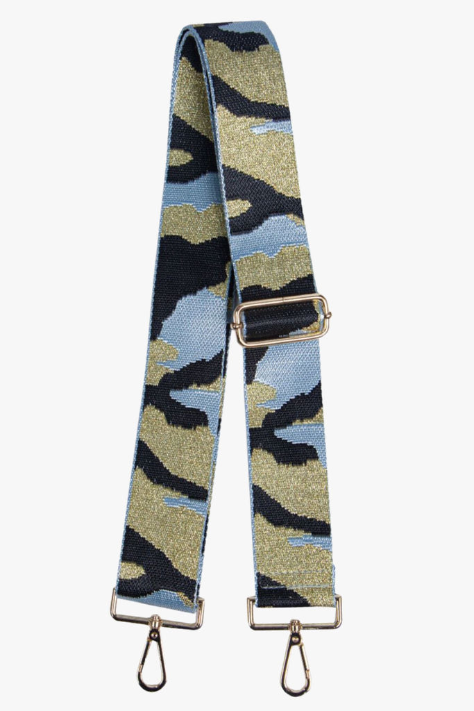 light blue and gold camo print bag strap 