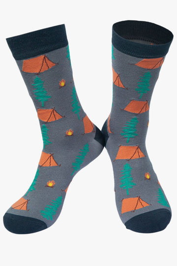 grey bamboo dress socks with a pattern of tents, trees and campfires