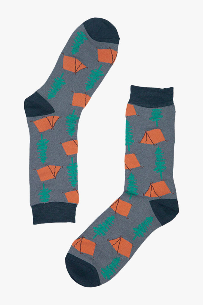 men's bamboo camping socks featuring tents, trees and campfires