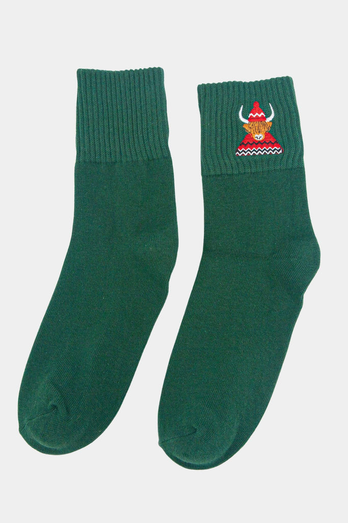 womens-highland-cow-embroidered-cotton-ankle-socks-3-pack-green