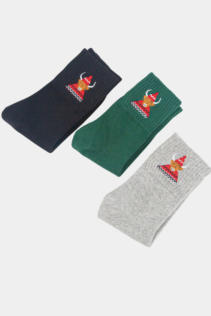 womens-highland-cow-embroidered-cotton-ankle-socks-3-pack-multipack