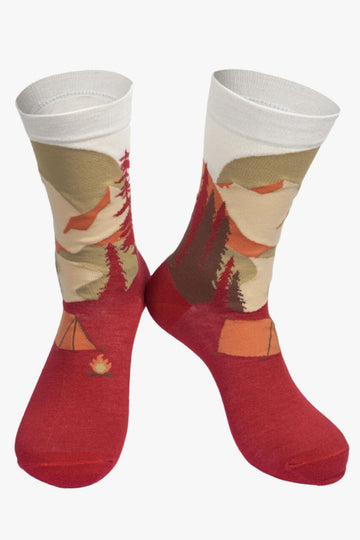 men's bamboo hiking socks in an orange ombre with an artistic camping scene, featuring a campfire and tent