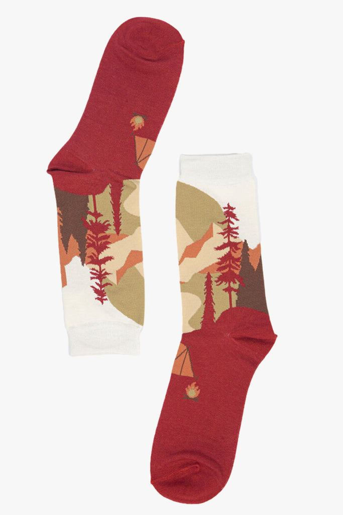 burnt orange bamboo socks with a tent and campfire scene