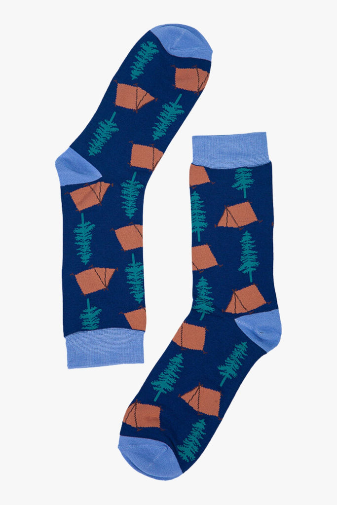 camping themed bamboo socks with tents, trees, and campfires