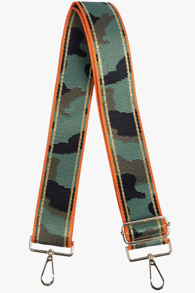 khaki green camo print bag strap with orange border