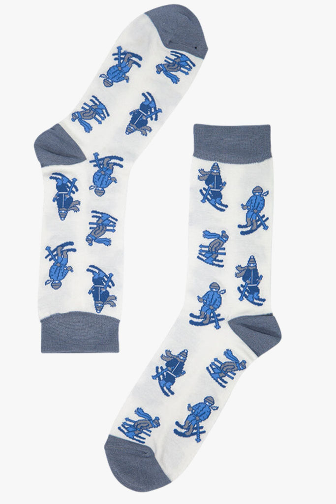 white bamboo socks with blue cartoon skiers