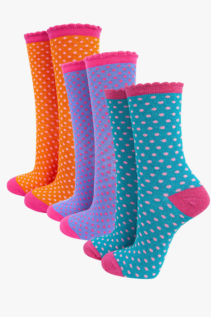 womens-polka-dot-glitter-socks-turquoise-orange-3-pack-multipack