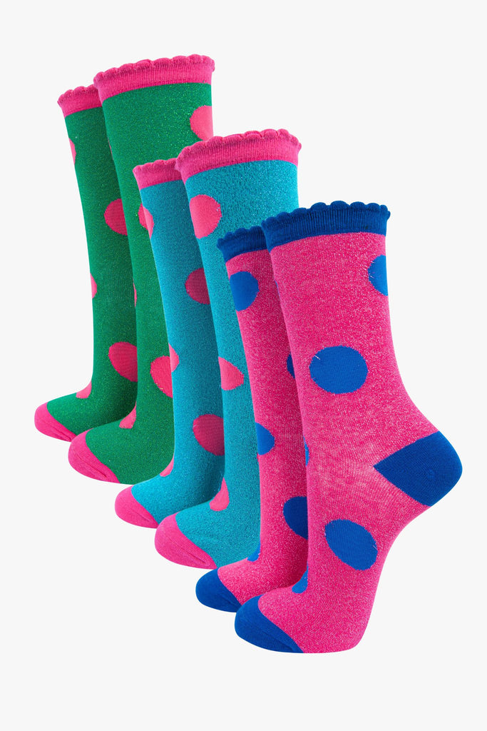womens-large-polka-dot-glitter-socks-pink-green-3-pack-multipack