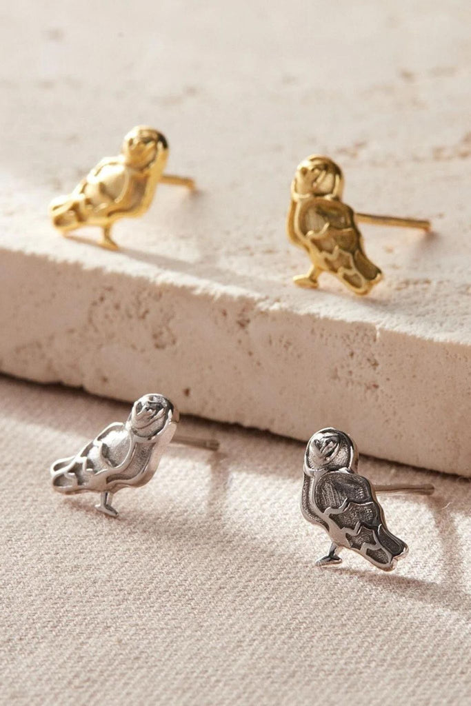 barn owl design stud earrings in sterling silver and gold plated sterling silver