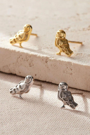 barn owl design stud earrings in sterling silver and gold plated sterling silver