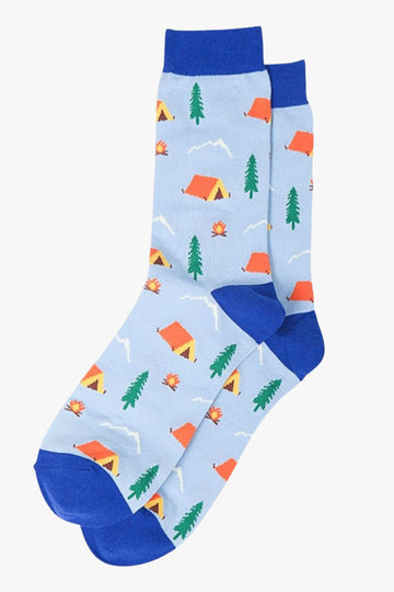 blue bamboo camping socks with tents, trees and campfires