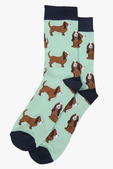 sage green, navy blue dress socks with an all over beagle print