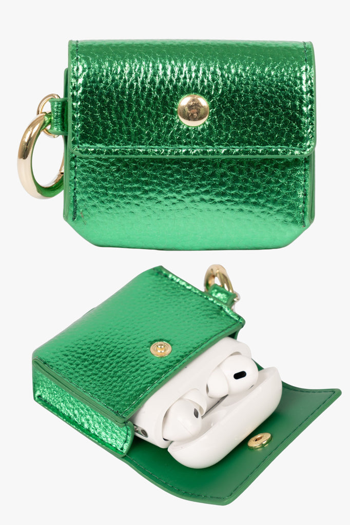 metallic-green-faux-leather-half-moon-bag-earbuds-case-2-piece-set-headphone-pouch