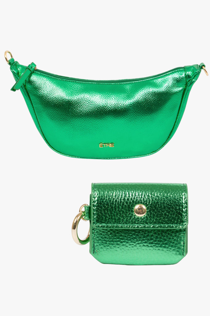 metallic-green-faux-leather-half-moon-bag-earbuds-case-2-piece-set-gift