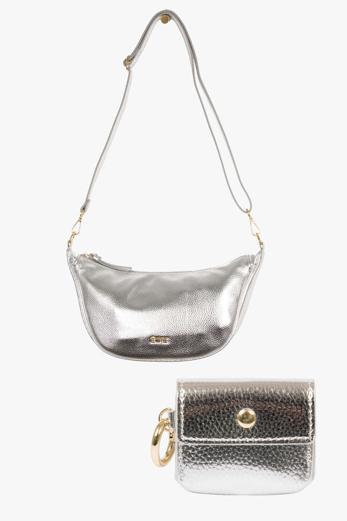 silver-faux-leather-half-moon-bag-earbuds-case-2-piece-set-metallic