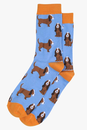 blue, yellow bamboo socks with beagle dogs all over