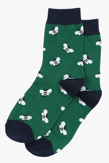 green ankle socks with an all over white bee pattern