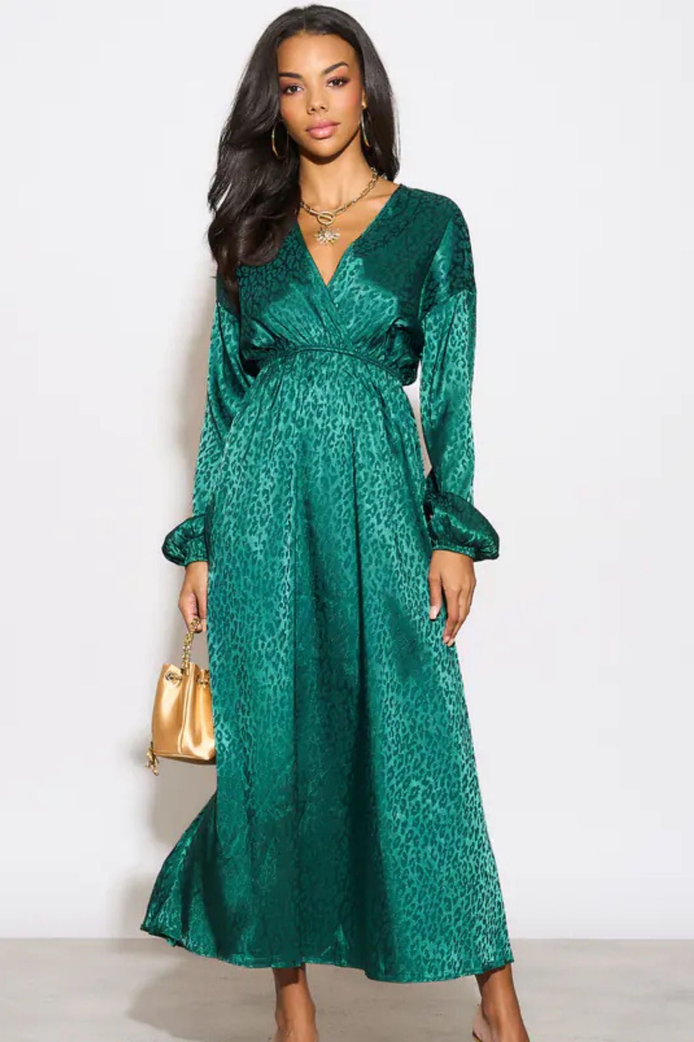chinese dress ladies sartaandco – Sarta Wrap Top Maxi Dress Green Leopard Print Faux Silk Party  Dresses