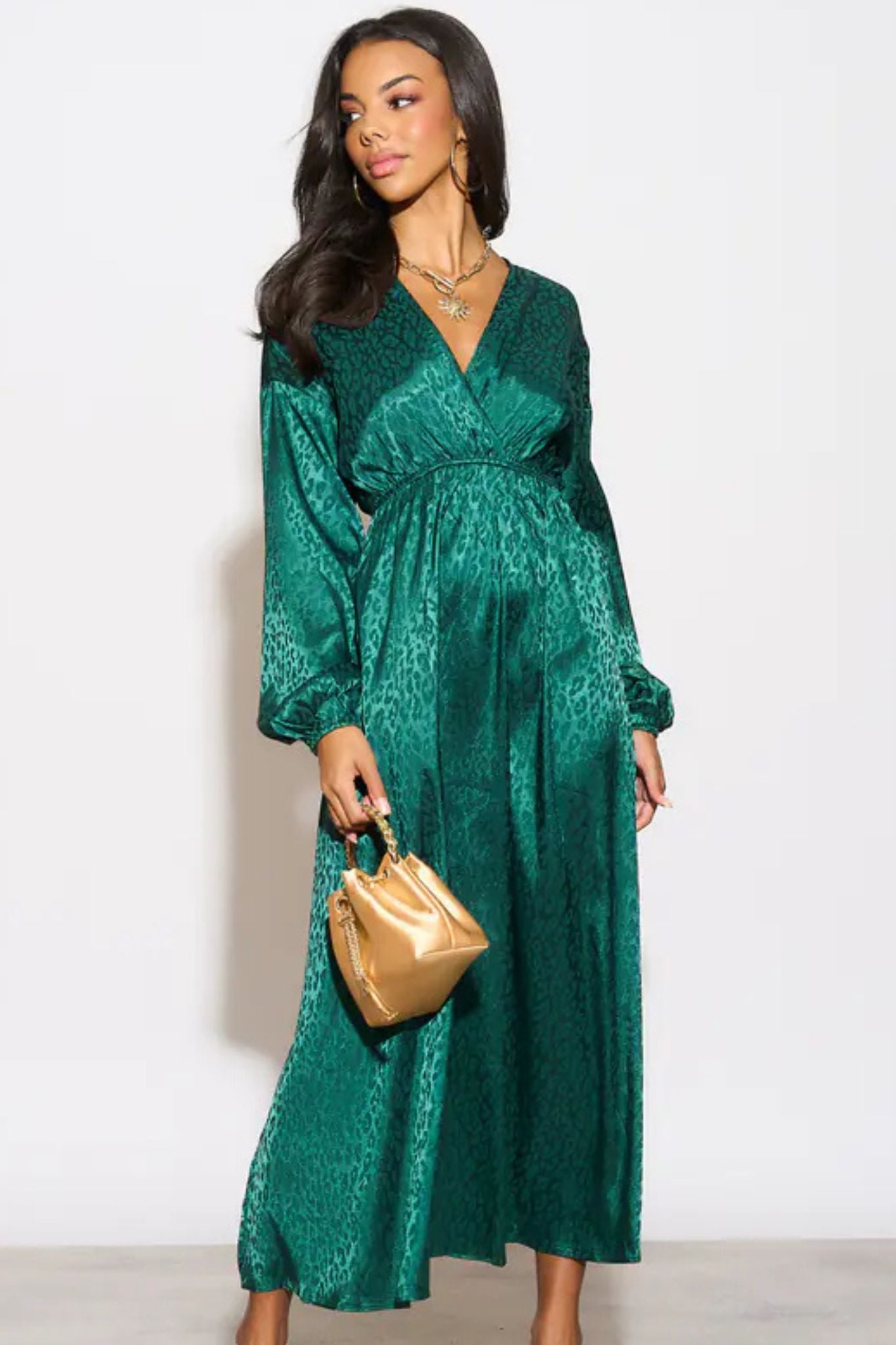 sartaandco – Sarta Wrap Top Maxi Dress Green Leopard Print Faux Silk Party  Dresses