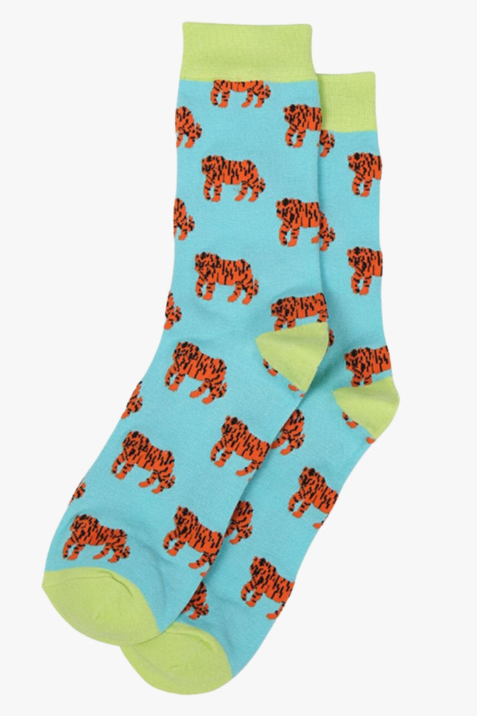 turquoise and green dress socks with tigers all over